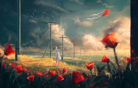 Fantasy - sky, girl, kite, dream, fantasy, storm, art, flowers, flower