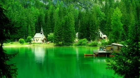 Lake Braies - greenery, trees, cabin, beautiful, tranquil, reflection, boats, shore, mirror, serenity, lake, emerald, italy