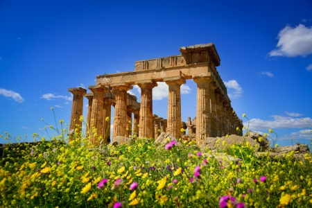 Temple of Hera - sky, ancient, landscape, beautiful, greece, goddess, temple, wildflowers