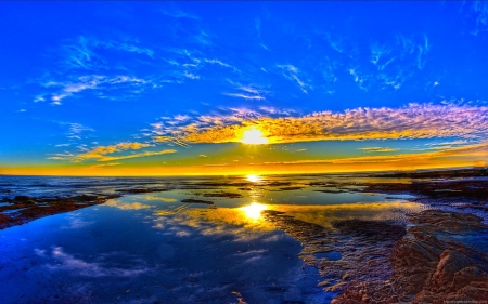 Beautiful Beach Sunset - landscape, beach, ocean, sky, reflection, clouds, sunset, sea, nature