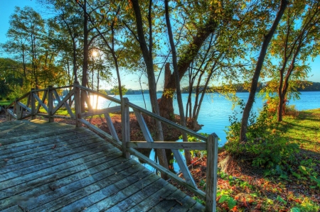 At the Lake - landscape, trees, wooden, water, bridge