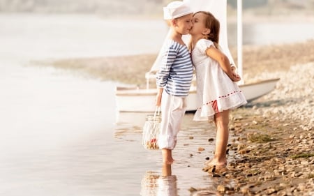 One summer friends - beach, hat, water, white, children, sand, cute, little, couple, girl, en, child, summer, kiss, boy, blue, sea, friend