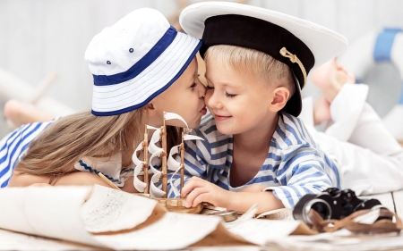 Kiss - hat, sailor, summer, blue, girl, children, child, boy, smile, white, kiss, little, couple