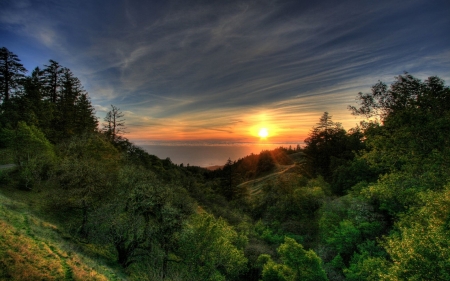 Sunset over the Mountains - nature, landscape, trees, forest, clouds, mountains, sunset