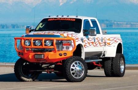 2008-Ford-F-450 - white, truck, flames, lift