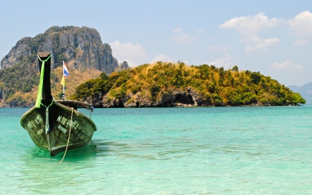 Green boat on the clear ocean - nature, sky, ocean, cloud, mountain, cliff, boat