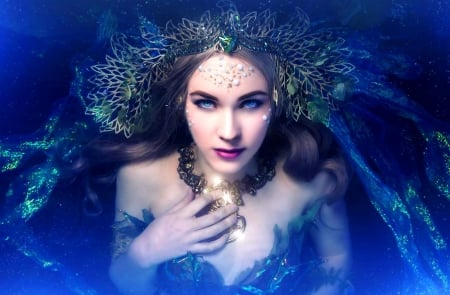 Sea Nymph Princess - woman, princess, beauty, angel, water, fantasy, bubbles, artwork, skyphoenixx1, veil, ocean, girl, necklace, mythology, abstract, blue, nymph, sea, deep blue ocean, lights