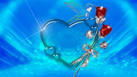 ~*~ Himmingbird Heart ~*~ - abstract, cristal heart, HD wallpaper, blue, red roses, hummingbird