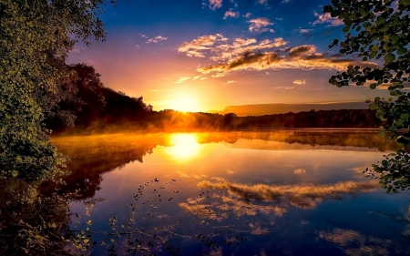 Reflecting Sunset - nature, lake, landscape, trees, reflection, clouds, mountains, sunset