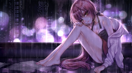 Crying Over the Rain - pretty, tears, anime, female, dress, night, pink, long hair, sad, rain, pink hair, art, sadness, beautiful, girl, city, beauty, lovely, cry, lady, lights, woman, cute, blak