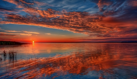 LAST RAYS OF SUMMER - sky, ocean, water, sunset, reflection, clouds, blue, orange, hdr