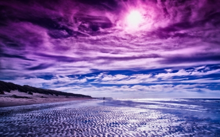 PURPLE SUNSET - SUNSET, BEACH, CLOUDS, SKY, PURPLE, OCEAN, BLUE