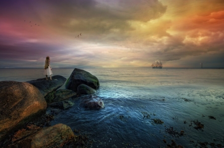 SOMETIMES THERE ARE NO WORDS - sky, ocean, ship, clouds, feamle, rocks