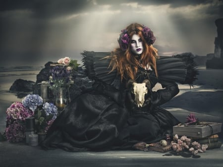 DARK LADY - skull, lady, dark, flowers, gothic, black, dress