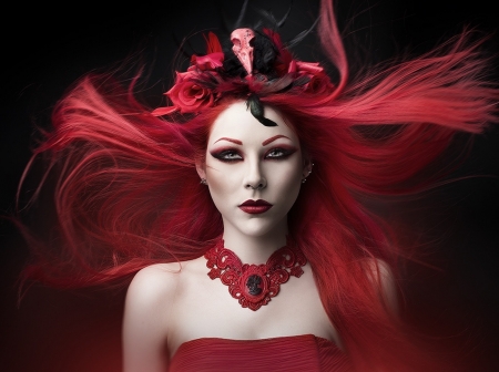 RED DESIRE - face, female, red, eyes, hair