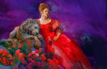 Beauty and the Lion - roses, gown, stone, romantic, beautiful, dress, girl, lovely, cg, fantasy, costume, red, digital, woman, lion, art