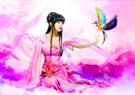 Bird of Paradise - woman, girl, photography, asian, fantasy, bird, art, pink, beautiful, digital