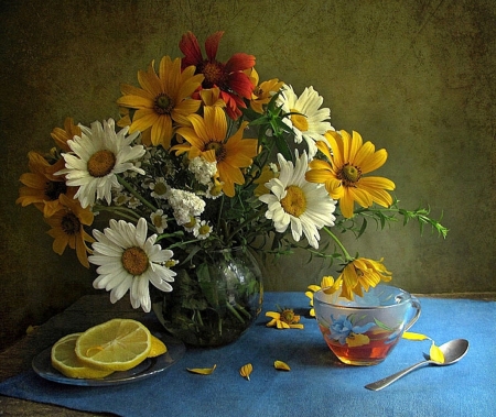 Still Life - spoon, lemon, flowers, colors, still life, cup, flower