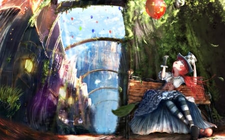 Festive days - hat, anime, blue, balloon, original, girl, city, lantern, street, manga, red, art, popopo5656