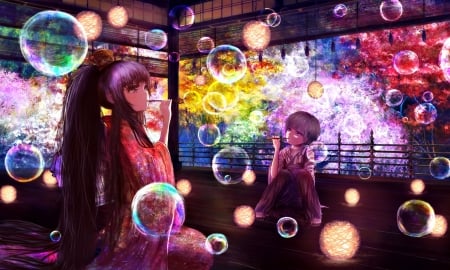 Bubbles - anime, yellow, original, girl, kimono, pink, colorful, manga, fantasy, purple, autumn, red, bubbles, art, popopo5656