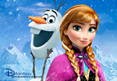 Olaf and Anna - princess, anna, movie, girl, winter, olaf, white, pink, blue, anime, disney, frozen, blonde