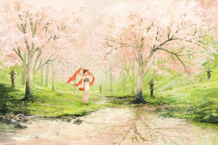 Spring - red, flower, pink, spring, blossom, sakura, girl, art, geisha, cherry, kimono, woman, green