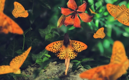 Wonderland journey - girl, flower, orange, fantasy, nature, wonderland journey, green, maria mazuch, wings, butterfly, fairy