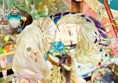 Happy Prince - saiga tokihito, glass, colorful, original, rose, painting, art, man, blue, anime, happy prince, orange, flower, manga