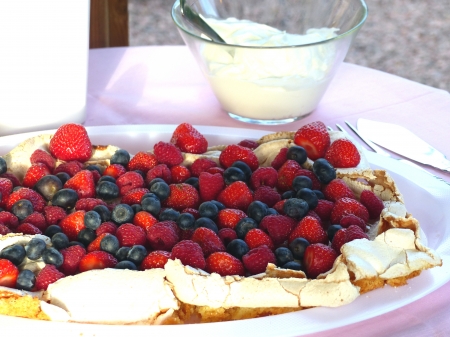 Summercake - cake, cream, fruits, bowl, table, colors