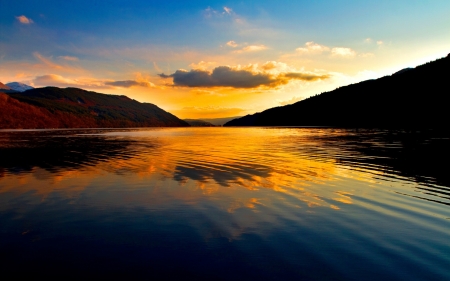 Reflected Sunset - reflections, clouds, sunset, nature, mountains, lakes