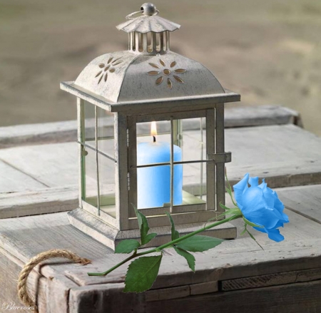 *For those who love blue* - candle, lantern, blue, wooden box, single, rose