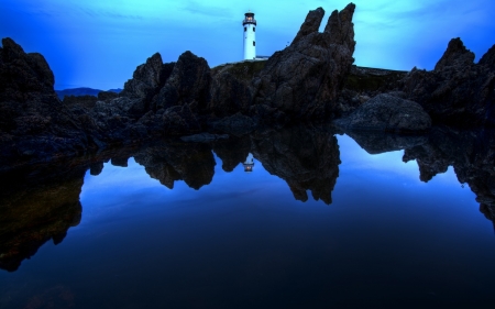 Lighthouse - stone, water, lighthouse, blue, Ireland, rock, sea, Fanad Head Lighthouse County, black, Donegal