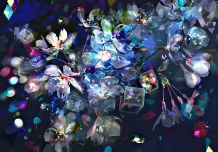 Flowers and gems - abstract, anime, blue, gem, flower, pink, saiga tokihito, manga, fantasy, white, purple, painting, art