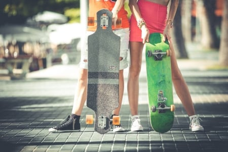 Have a fun day! - woman, pink, green, orange, skateboard, funy, legs