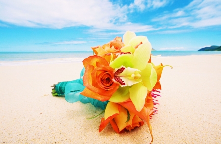 Bouquet on Beach - blossoms, sky, clouds, flowers, sea