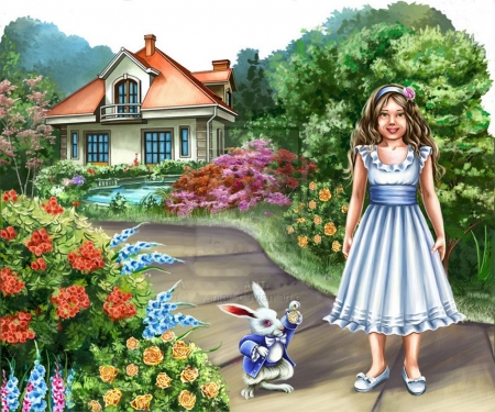 Summertime - rabbit, girl, flowers, house, garden