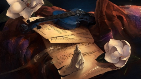 Blue Violin - blossoms, instrument, statue, papers, still life