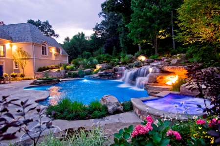 Villa - house, trees, evening, shrubs, beauty, flowers, waterfall, pool, lights, garden, Villa