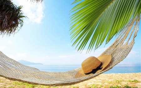 Summer Vaction - beach, hat, sea, hammock