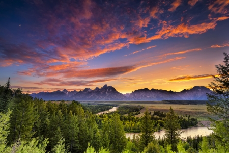 Grand Tetons and Snake River - sky, landscape, trees, clouds, sun, color, mountains, usa