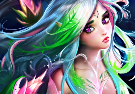 Watermelon faerie - amethyst eyes, blue, girl, pink, sakimichan, watermelon faerie, fantasy, green, woman, art