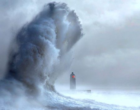 Lighthouse Wave - storm, Lighthouse, water, blue, color, ocean, wave