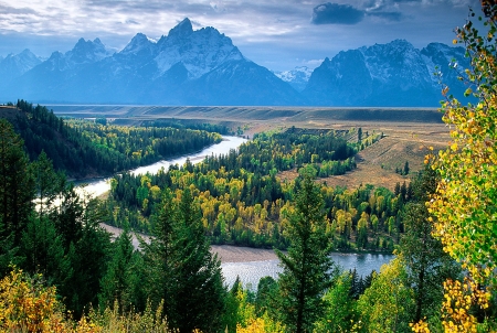 Grand Tetons and Snake River - wyoming, usa, landscape, firs, mountains