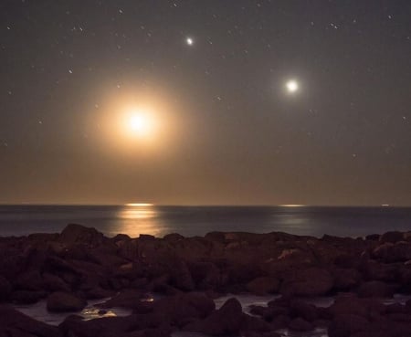 Triple Conjunction Over Galician National Park - space, cool, fun, moon, star, sun