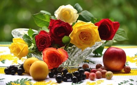 Still Life - bouquet, fresh, flowers, fruits