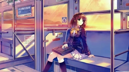 schoolgirl - train, bag, window, schoolgirl