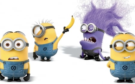 Minions (2015) - Illumination Entertainment, yellow, Universal Pictures, blue, Minions, banana, fantasy, white, purple, funny, fruit, movie, cute