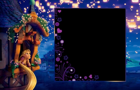 Tangled frame - movie, girl, rapunzel, tower, fantasy, black, blue, anime, disney, tangled, frame