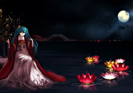 Hatsune Miku - anime, yellow, hatsune miku, night, light, dark, red, lake, moon, lotus, water, girl, tagme, flower, black, manga, white