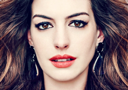 Anne Hathaway - woman, face, actress, girl, red, anne hathaway, make-up